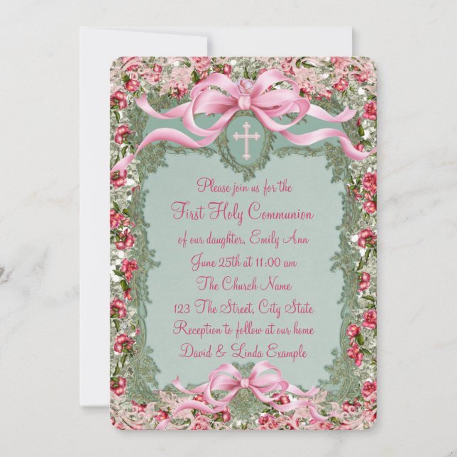 Invitation Pretty Green and Pink Rose First Communion (Devant)
