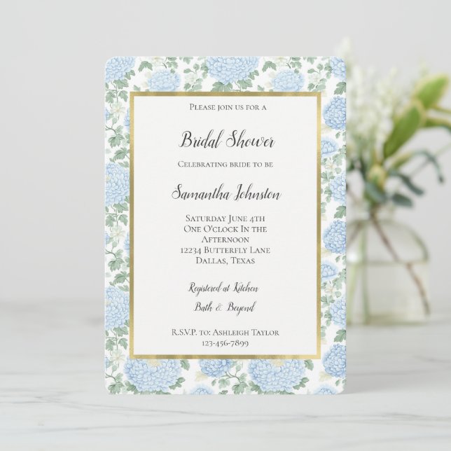 Invitation Pretty Light Blue White Flowers Bridal Shower (Debout devant)