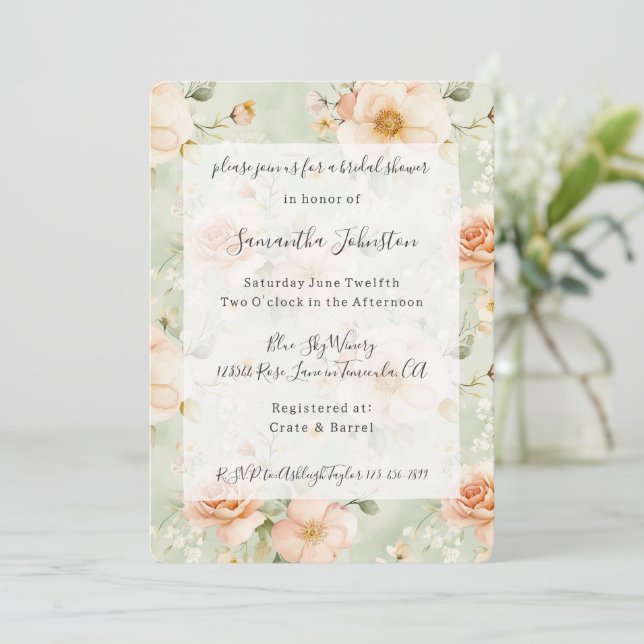 Invitation Pretty Mint Peach Floral Bridal Shower (Debout devant)