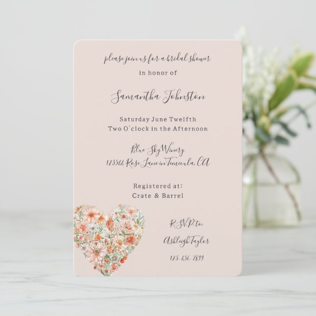 Invitation Pretty Peach Floral Heart Bridal Shower (Debout devant)