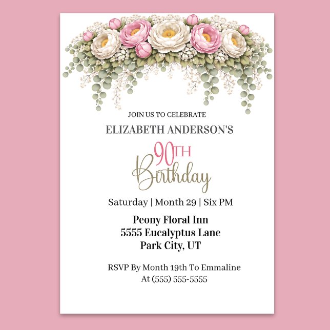 Invitation Pretty Pink and White Peony 90th Birthday (Elegant pink and ivory peony floral 90th birthday invitation)