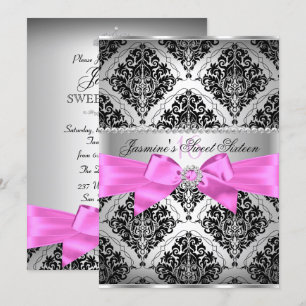 Invitation Pretty Pink Black Damask pour Sweet 16
