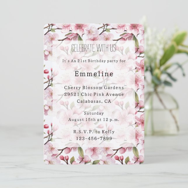 Invitation Pretty Pink Cherry Blossom Floral Birthday (Debout devant)