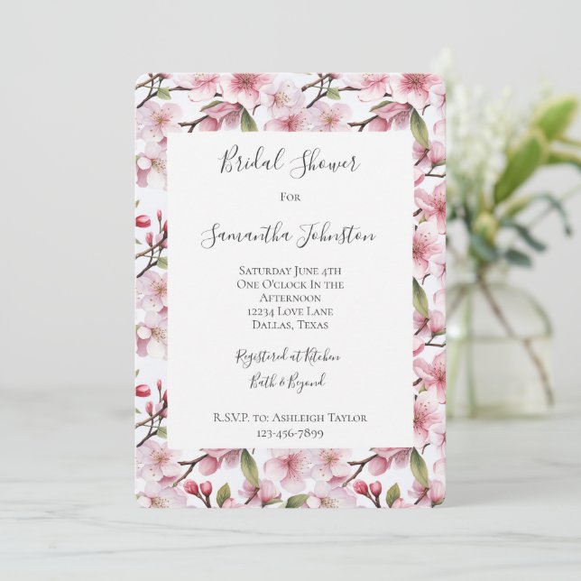 Invitation Pretty Pink Cherry Blossom Floral Bridal Shower (Debout devant)