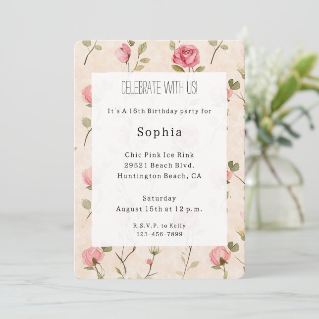 Invitation Pretty Pink Cream Roses Floral Birthday (Debout devant)