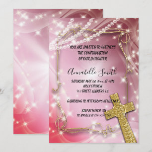 Invitation Pretty Pink Pearl Cross CONFIRMATION