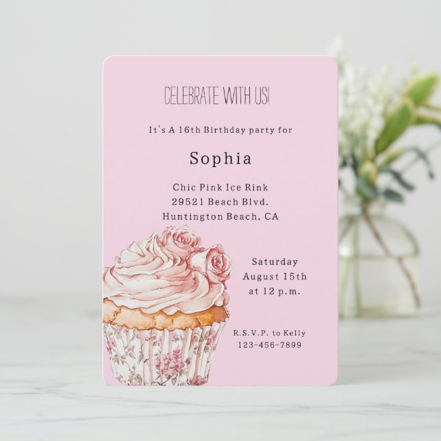 Invitation Pretty Pink Roses Floral Cupcake Birthday (Debout devant)