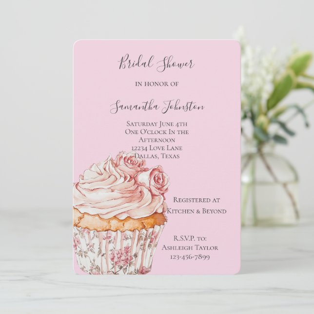 Invitation Pretty Pink Roses Floral Cupcake Bridal Shower (Debout devant)