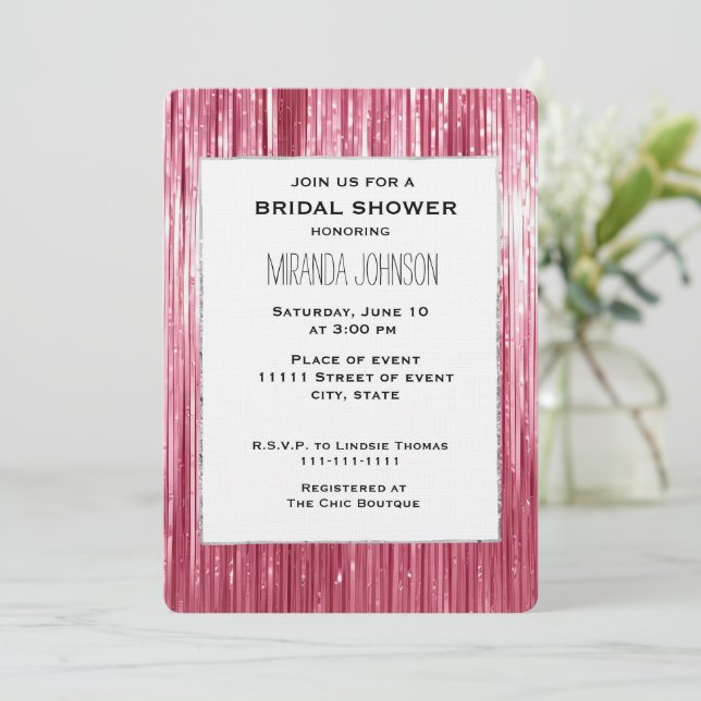 Invitation Pretty Pink Tinsel Stripes Bridal Shower (Debout devant)