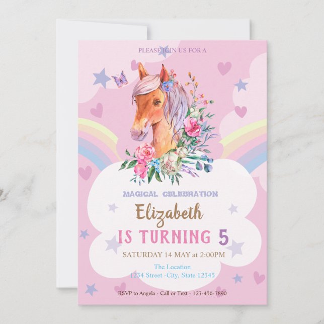 Invitation Pretty Pony Rainbow Stars Coeurs Anniversaire (Devant)