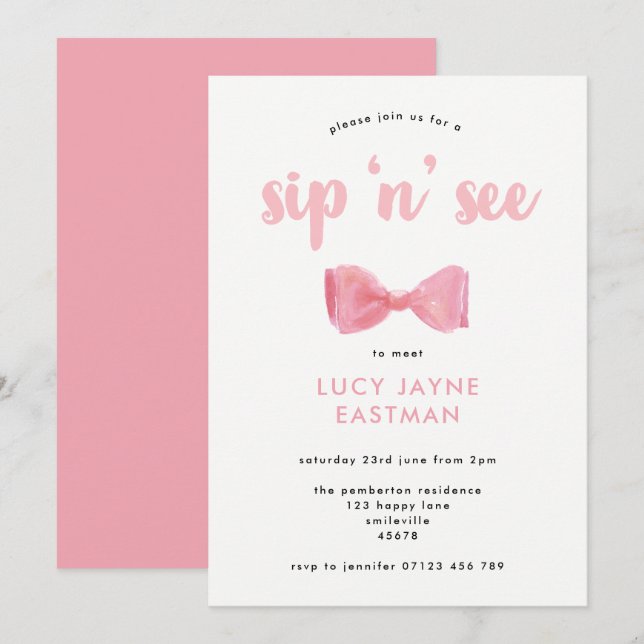 Invitation Pretty Rose Aquarelle Bow Sip et Voir (Devant / Derrière)