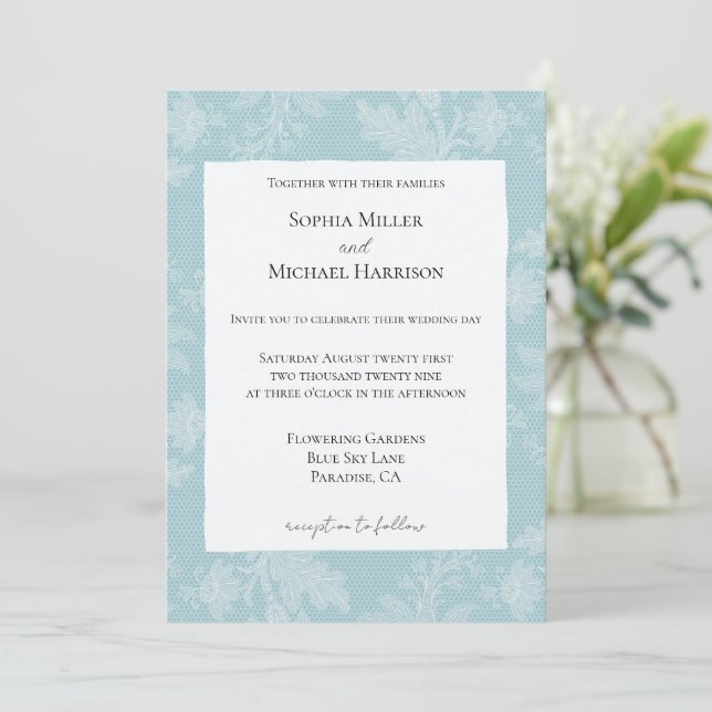 Invitation Pretty Sky Blue White Floral Faux Lace Wedding (Debout devant)