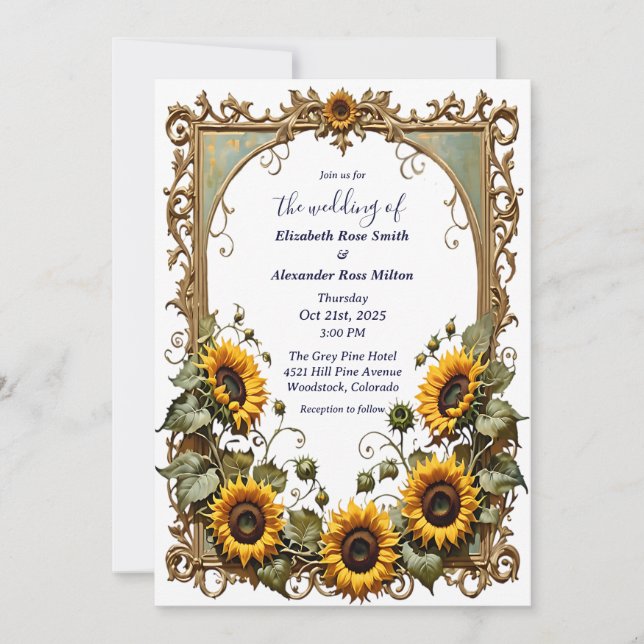 Invitation Pretty Yellow sunflower with art frame wedding  (Devant)
