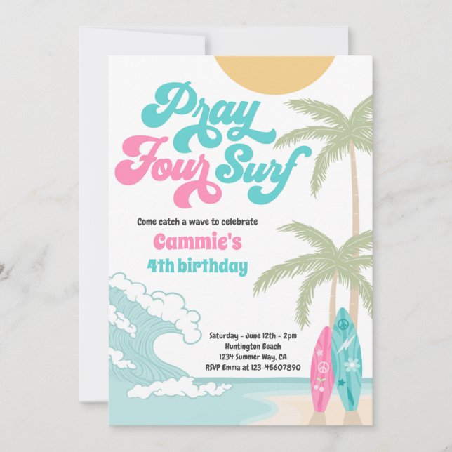 Invitation Prière Quatre Surfs Retro Surf Beach 4e anniversai (Devant)