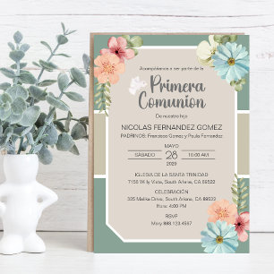 Invitation Primera Comunion Fleurs roses mignonnes Première C