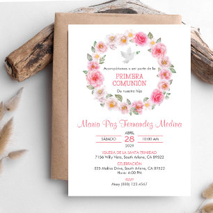 Invitation Primera Comunion rose Roses Wreath Première commun