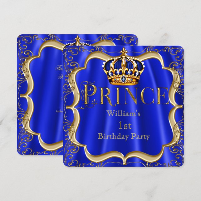 Invitation Prince 1er anniversaire Boy Royal Blue Gold Crown  (Devant / Derrière)