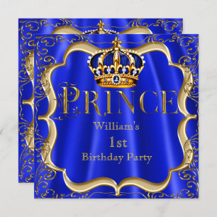 Invitation Prince 1er anniversaire Boy Royal Blue Gold Crown 