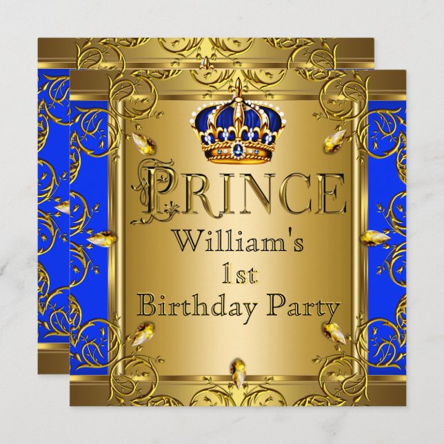 Invitation Prince 1er anniversaire garçon Royal Blue Gold Cro (Devant / Derrière)
