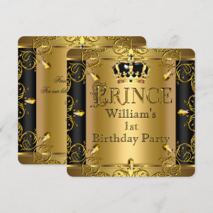 Invitation Prince Anniversaire Garçon Homme noir Couronne Or