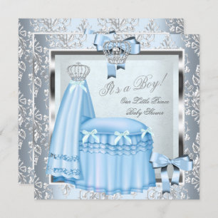Invitation Prince Baby shower Bébé Garçon Bleu Damas Couronne