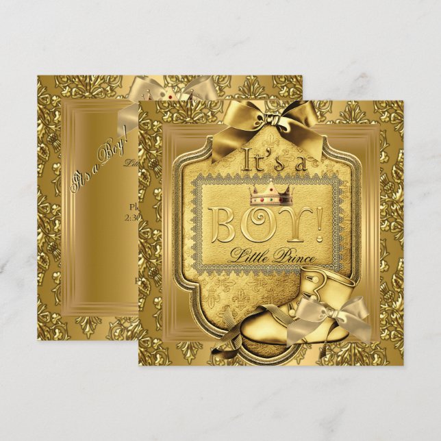 Invitation Prince Baby shower Bébé Garçon Elite Damask Gold (Devant / Derrière)