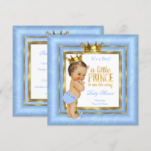 Invitation Prince Baby shower Bleu Blanc Or Couronne Brunette