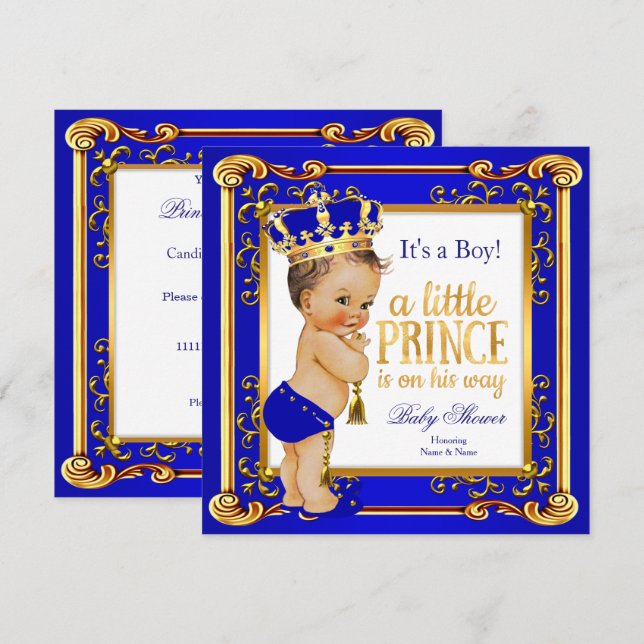 Invitation Prince Baby shower Bleu Or Couronne Brunette Garço (Devant / Derrière)
