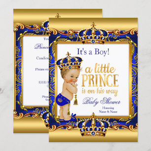 Invitation Prince Baby shower Bleu Ornate Or Blonde Boy