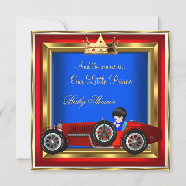 Invitation Prince Baby shower Blue Gold Boy Red Racing Car 2 (Devant)