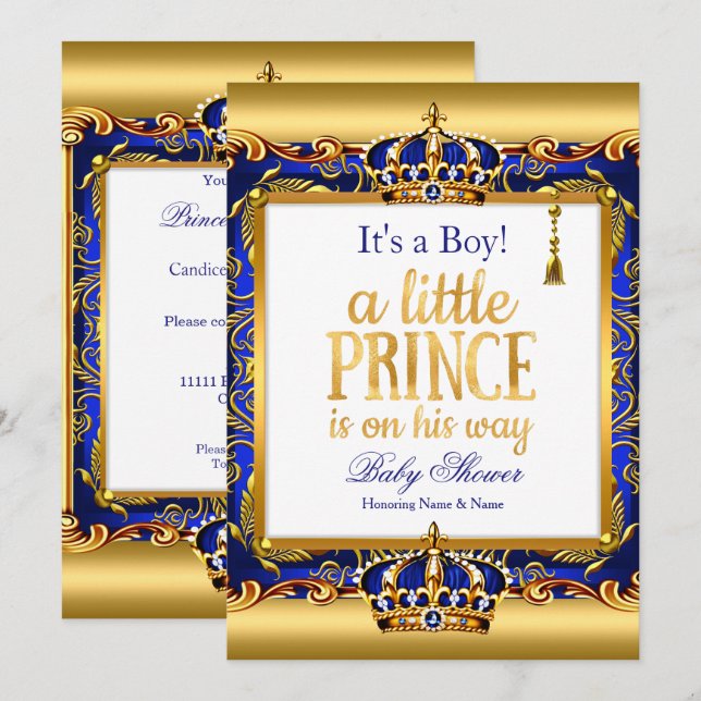 Invitation Prince Baby shower Blue Ornate Gold Boy (Devant / Derrière)