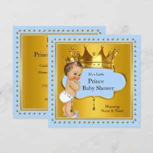 Invitation Prince Baby shower Boy Blue Gold Crown Brunette