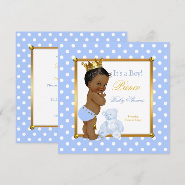 Invitation Prince Baby shower Boy Blue Polka Dot Ethnique (Devant / Derrière)