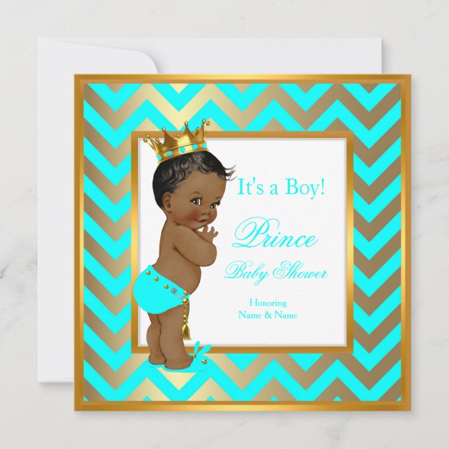 Invitation Prince Baby shower Boy Gold Turquoise Blue Ethnic (Devant)