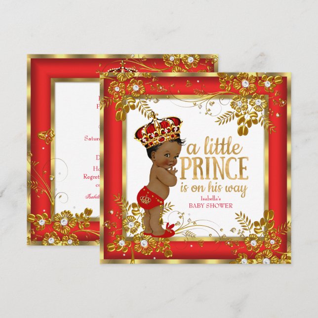 Invitation Prince Baby shower Boy Red Gold White Ethnic (Devant / Derrière)