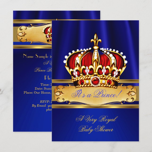 Invitation Prince Baby shower Boy Royal Blue Gold Red Crown (Devant / Derrière)