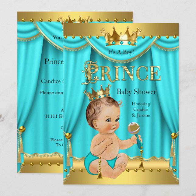 Invitation Prince Baby shower  Gold Aqua Turquoise Brunette (Devant / Derrière)