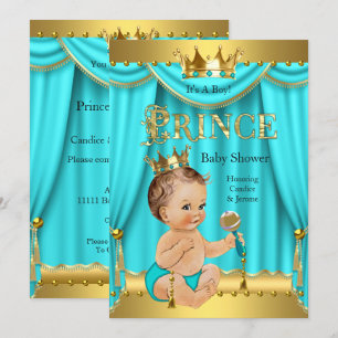 Invitation Prince Baby shower  Gold Aqua Turquoise Brunette