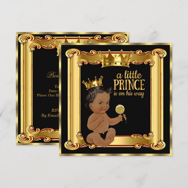 Invitation Prince Baby shower Gold Faux Foil Black Ethnic (Devant / Derrière)