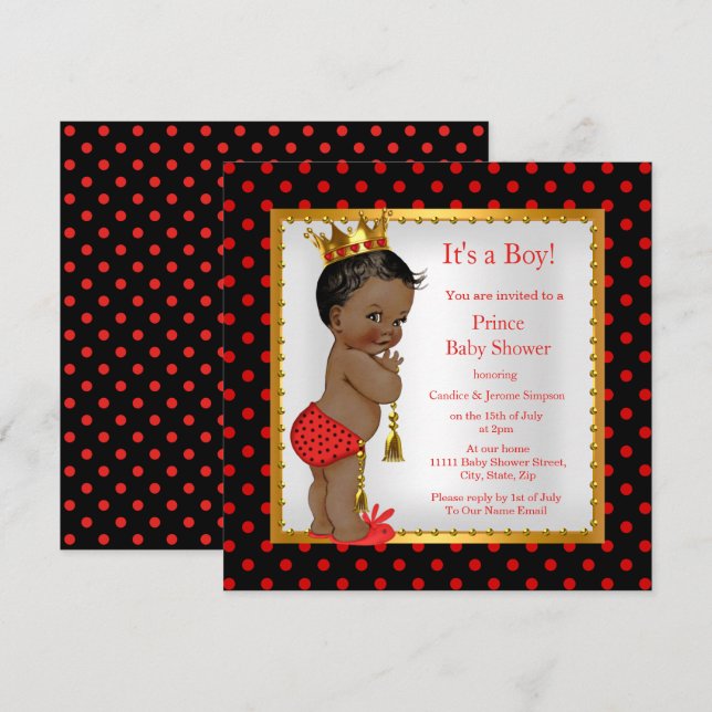 Invitation Prince Baby shower Red Gold Black Boy Ethnic (Devant / Derrière)