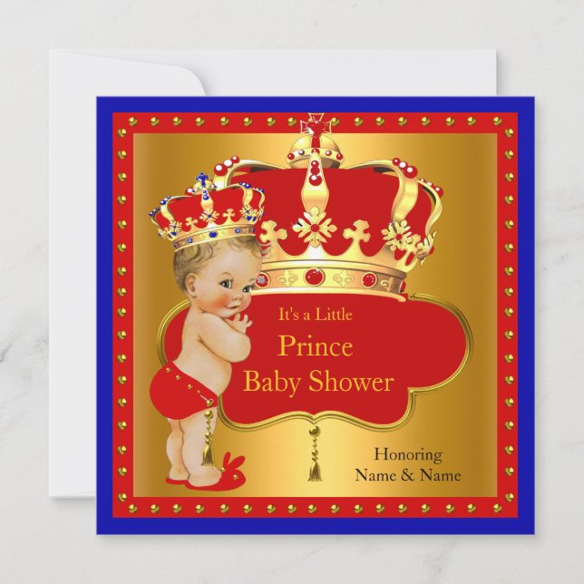 Invitation Prince Baby shower Red Royal Blue Boy Crown Blonde (Devant)