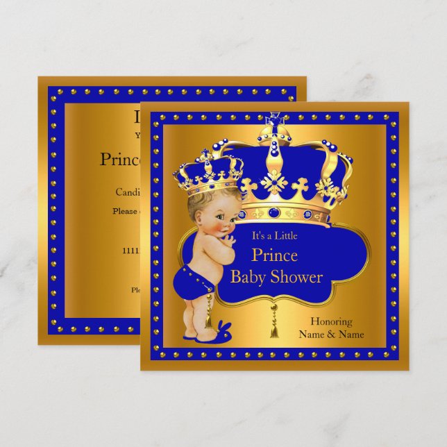 Invitation Prince Baby shower Royal Blue Boy Crown Blonde (Devant / Derrière)