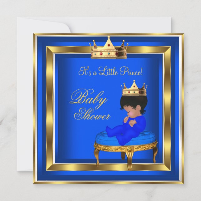 Invitation Prince Baby shower Royal Blue Gold Boy Crown AA (Devant)