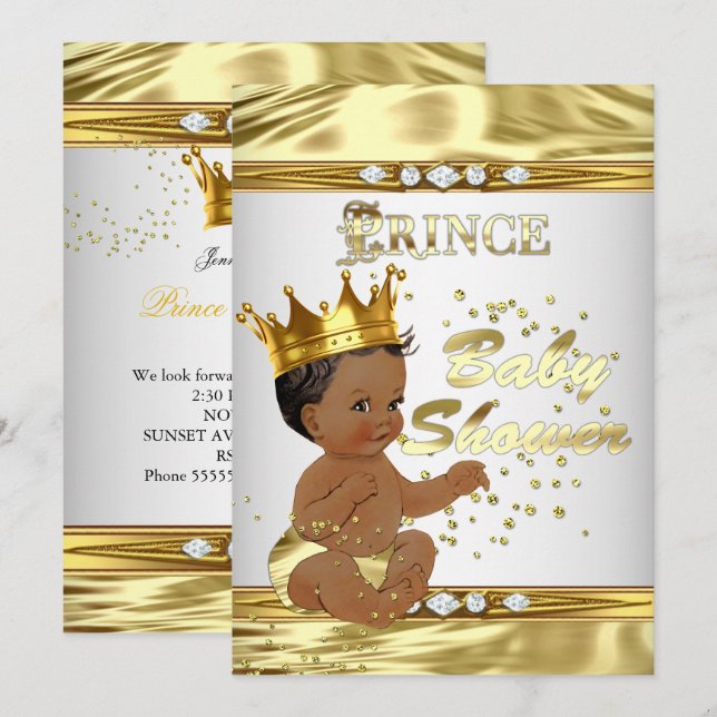 Invitation Prince Baby shower White Gold Foil Ethnic (Devant / Derrière)