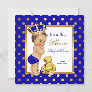 Invitation Prince Bébé Shower Garçon Bleu Royal Or Brunette