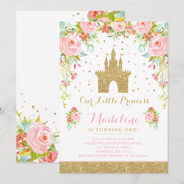 Invitation Prince Birthday Gold Princess Catle (Devant / Derrière)
