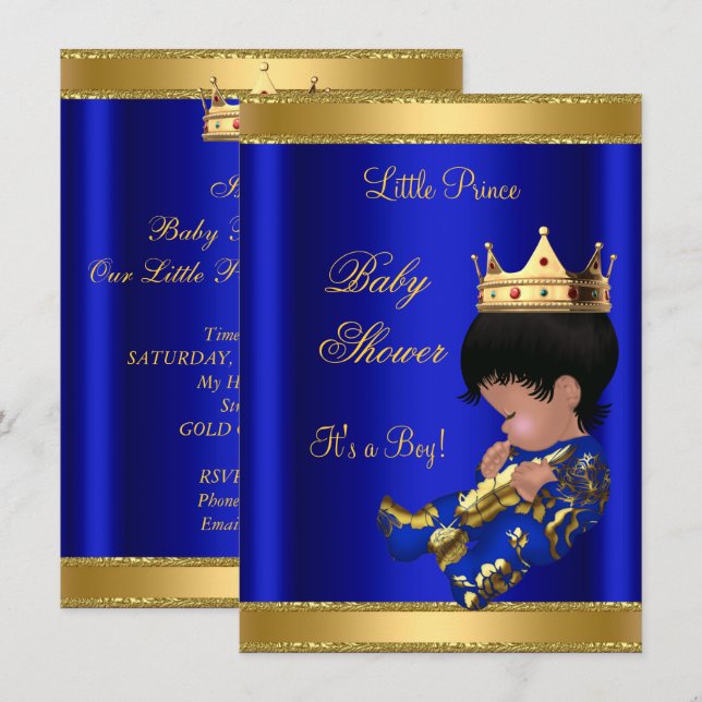 Invitation Prince Boy Baby shower Bleu 2 Africain Américain (Devant / Derrière)