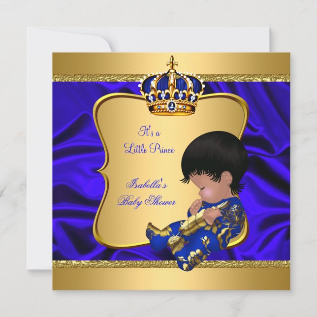 Invitation Prince Boy Baby shower Bleu Africain Américain soi (Devant)