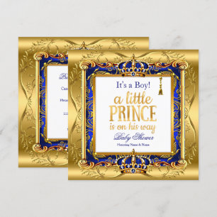 Invitation Prince Boy Baby shower Blue Ornate Gold