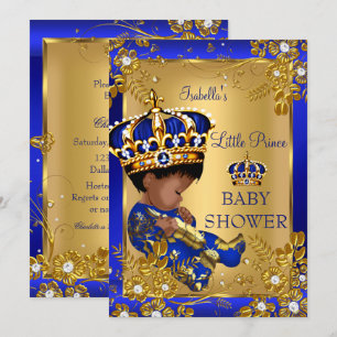 Invitation Prince Boy Baby shower Gold Blue Crown Ethnic
